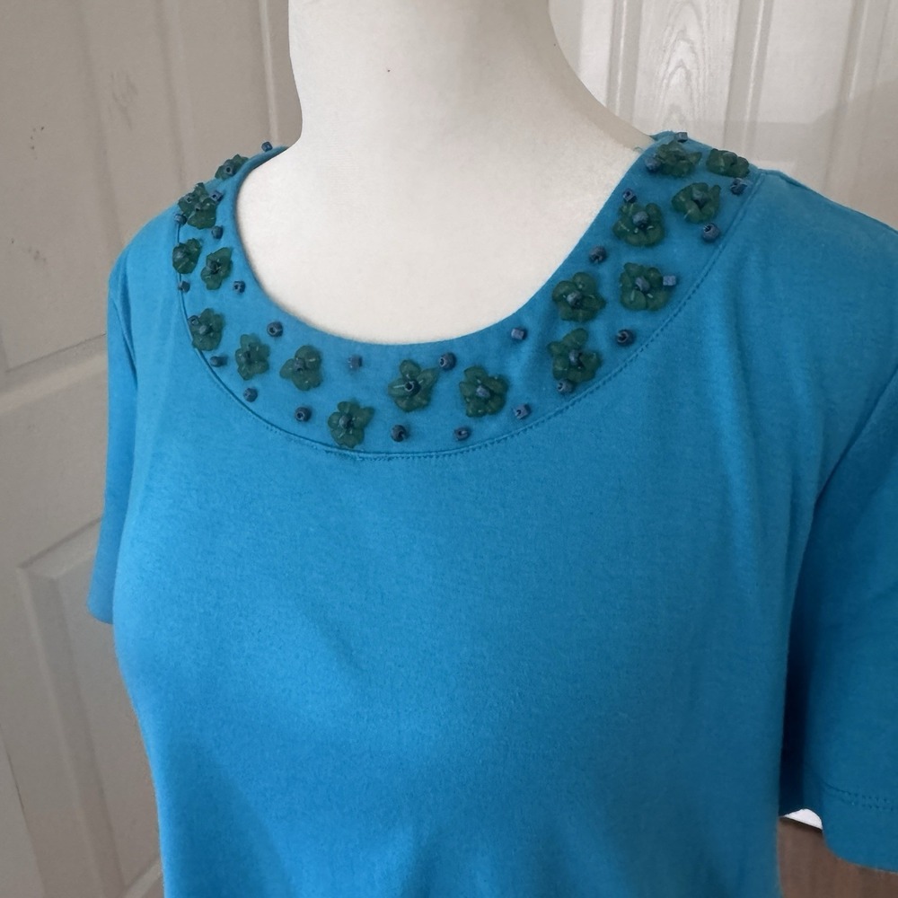 REBECCA MALONE Womens‎ PL Short Sleeve Beaded Embellished Blue Cotton Top Beachy